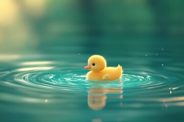 A charming yellow duckling floats gracefully on a tranquil water surface, creating gentle ripples. This serene scene embodies innocence and beauty in nature.