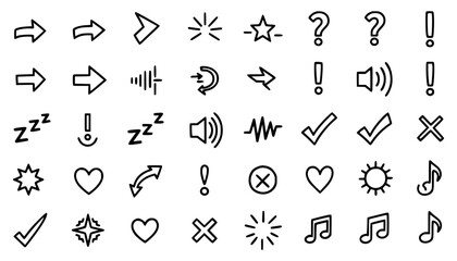 Vector art of collection of handdrawn doodle icons and symbols, including arrows, question marks, stars, hearts, music notes, and more