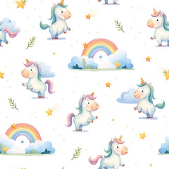 Seamless pattern with cute unicorns and rainbow &ndash; childish fantasy background