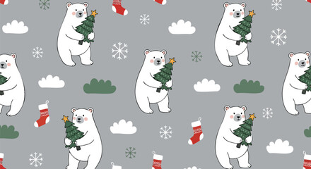 Delightful winter pattern of adorable polar bears carrying Christmas trees and festive stockings for charming holiday designs and joyful celebration