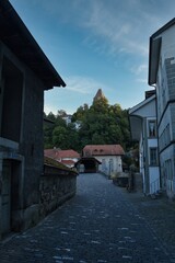 Street and bridge in the city of Fribourg in the morning in Switzerland