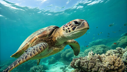 Fototapeta premium Majestic sea turtle gracefully swimming through vibrant coral reef, sunlit ocean, a peaceful underwater scene perfect for conservation or travel campaigns