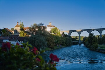 City of Fribourg in the morning with the river Saane in Switzerland