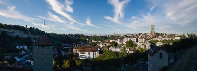large panorama of the city of Fribourg in the morning in Switzerland