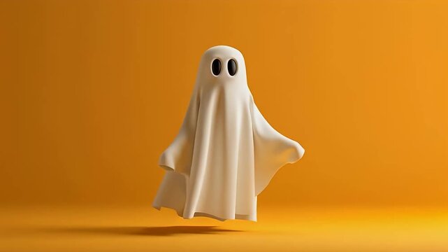halloween ghost floating and dancing on orange background