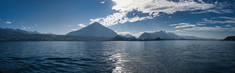large panorama from the Niesen mountain in Switzerland on Lake Thun