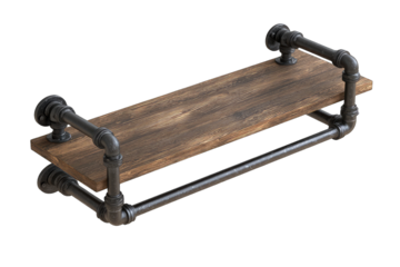 Industrial-style wooden shelf with metal pipes
