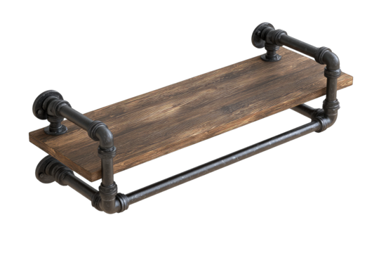 Industrial-style wooden shelf with metal pipes