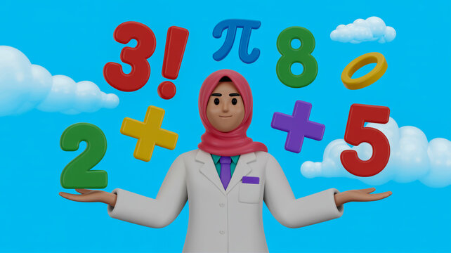 3D Animated Muslim Woman in Lab Coat Surrounded by Math Symbols and Clouds animation hijab - Powered by Adobe