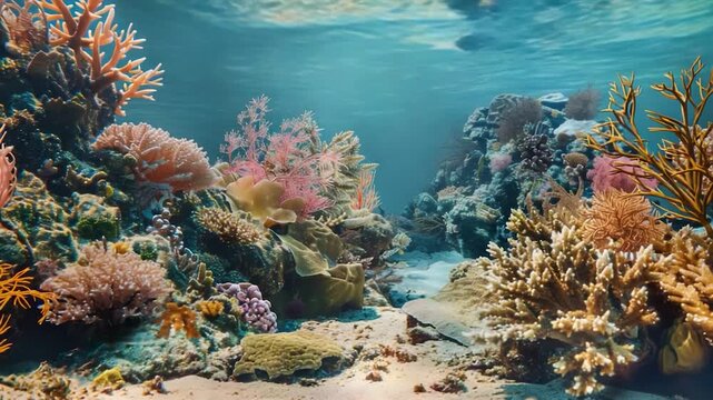A diverse array of coral species and marine life thrive in this underwater environment