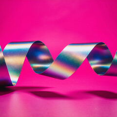 A shiny holographic ribbon cuts diagonally across hot pink, leaving a clean central copy zone. Perfect for banners, stories and ads.