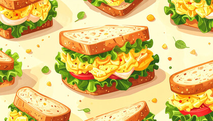 A vector seamless pattern of sandwiches filled with creamy egg salad, lettuce, and bread slices, cartoon whimsical style over a pastel yellow background.