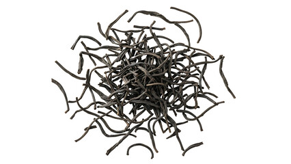 Dark, tangled strands of dried tea leaves