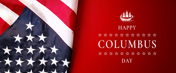 Happy Columbus day with American flag on red background