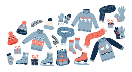 Cozy winter clothing essentials like sweaters, hats, scarves, gloves, and ice skates ready for cold weather adventures and gifting