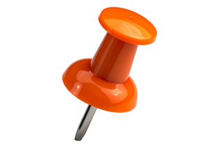 A vibrant orange thumbtack with a shiny, rounded head and a metallic, pointed shaft, angled slightly