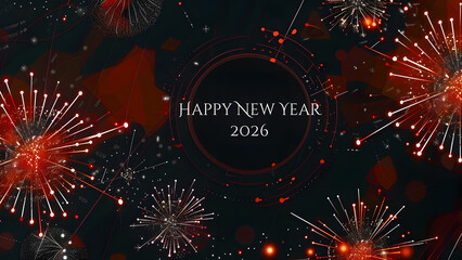 A digital illustration of "HAPPY NEW YEAR 2026" with vibrant fireworks exploding in red, white, and gold against a dark background.