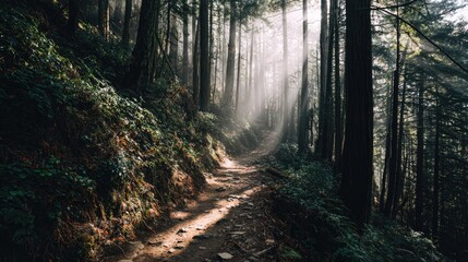 Obraz premium Serene Forest Pathway Capturing Sunlight Through Trees in a Misty Environment