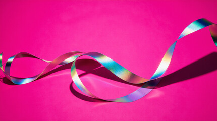 A shiny holographic ribbon cuts diagonally across hot pink, leaving a clean central copy zone. Perfect for banners, stories and ads.