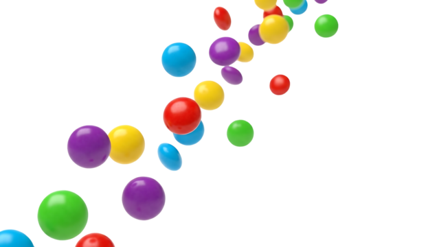 Multicolored, glossy spheres in a diagonal stream against a black background