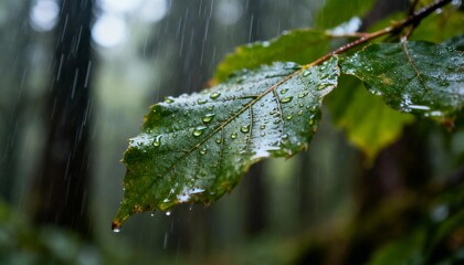 Rain Drops on a Leaf in the Forest