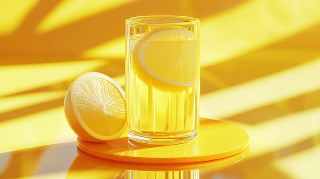 A bright and refreshing glass of lemonade sits on a yellow background, complemented by a lemon slice. Ideal for summer themes and vibrant food photography.