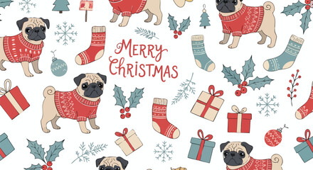 Festive holiday pattern featuring pugs wearing sweaters, gifts, stockings and holly berries, perfect for Christmas cheer and seasonal designs © Mugi