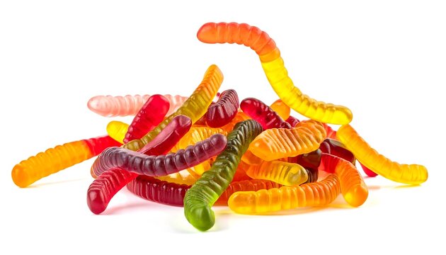 Colorful gummy worms piled on white background