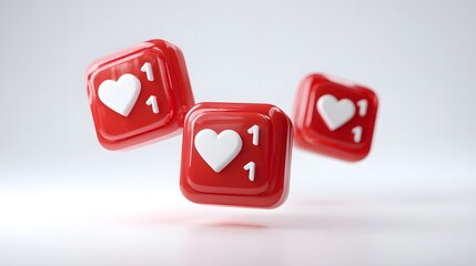Three red social media notification icons with white hearts floating