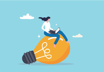 Idea or innovation to success, inspiration or solution to solve work problem, project planning, creativity or expertise concept, productive businesswoman working with computer laptop on big bulb idea.
