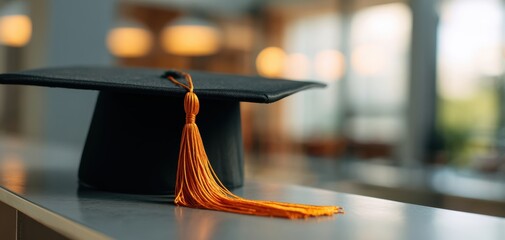 The graduation cap resting on a desk symbolizes academic achievement and future potential.