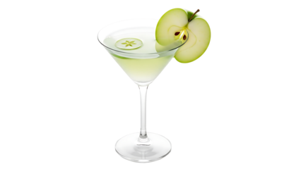 A light green cocktail in a martini glass, garnished with a green apple slice