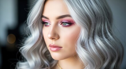 Naklejka premium A beautiful woman with silver hair and pink eye makeup, showcasing a modern and elegant beauty look for fashion and cosmetic campaigns