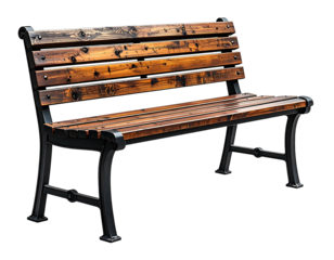 Rustic wooden park bench with dark metal legs and backrest, showcasing weathered wood planks