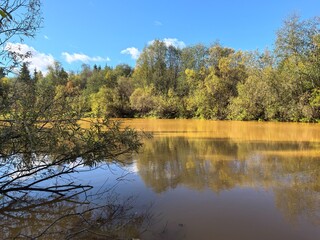 Calm autumn lake with reflections, blue sky and forest trees