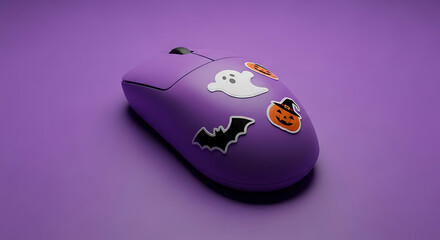 A purple computer mouse decorated with halloween themed stickers on a purple background surface view