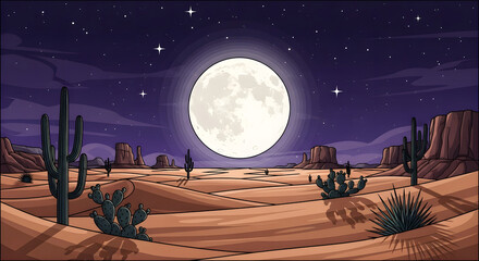 Vector illustration of a vast desert at night