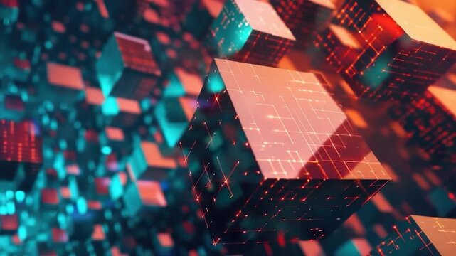 A collection of cubes suspended in mid-air, offering a sense of weightlessness and abstraction
