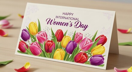 Happy International Womens Day greeting card with a vibrant bouquet of colorful spring tulips.