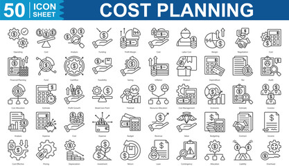 Cost Planning Icon Set Collection. Operating, cost, analysis, funding, profit margin, cost, labor cost and more. Illustration eps 10
