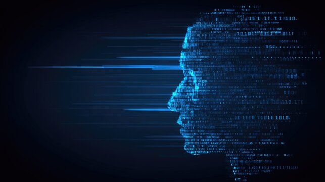 Digital Transformation: Profile of Human Face Made from Flowing Binary Code in Futuristic Background