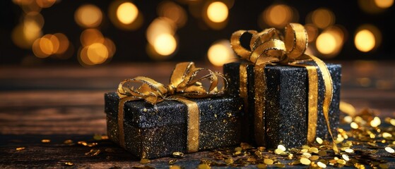 The elegant black and gold presents adorned with shimmering ribbons and festive bokeh.