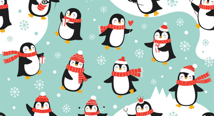 Adorable penguins celebrating winter holidays with festive scarves and gifts, perfect for charming seasonal designs