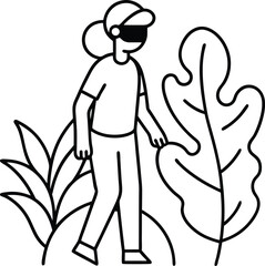 person with vr headset exploring jungle line art