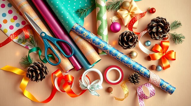 Festive christmas wrapping station with paper ribbons ornaments and pine cones arranged neatly on a table - Powered by Adobe