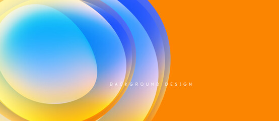 Abstract layers create vibrant orange, blue, yellow gradients. Smooth shapes suggest movement, modern design aesthetic.