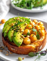 Close-up of a healthy toast with avocado and chickpeas