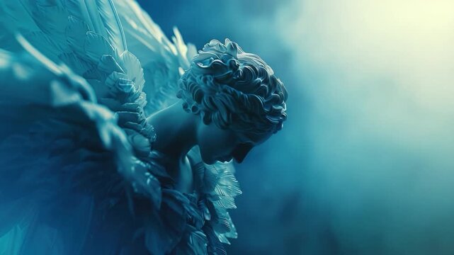 A close-up view of a statue of an angel, suitable for use in spiritual or religious contexts