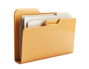 A light-orange, glossy file folder with several white papers inside, rendered in 3D