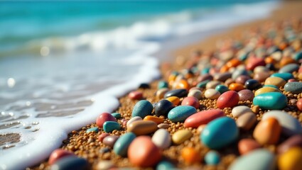 Vibrant, colorful pebbles line the shore, kissed by foamy waves, creating a lively beach scene.